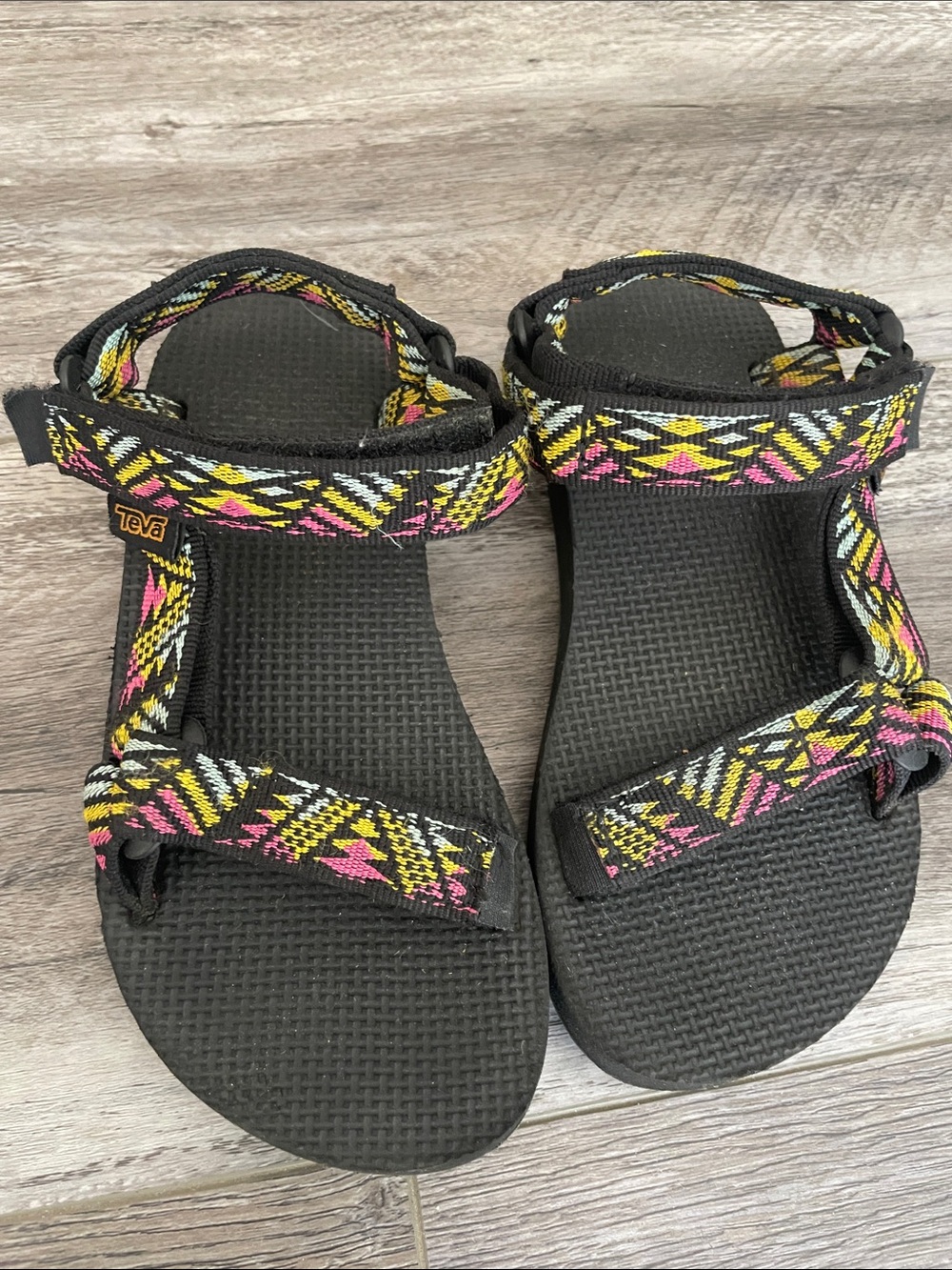 Teva kids Black Sandals with Pink & Yellow Aztec Straps